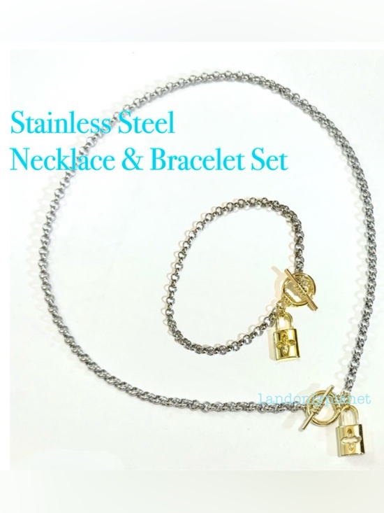 Hand Crafted Jewelry - Last Set❣️Gold Lock Charm Necklace & Bracelet Stainless Steel ChainOR 915 Silver